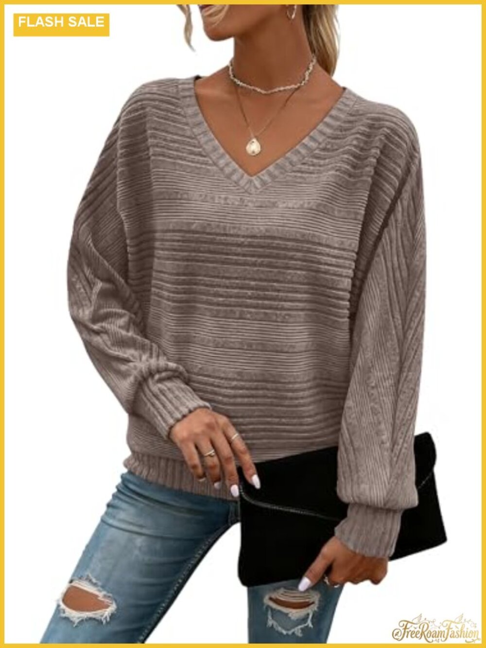 Womens V-Neck Batwing Long Sleeve Tunic Sweater Pullover